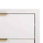 Table de chevet 3 tiroirs, cadre en bois blanc avec pieds à embouts dorés
