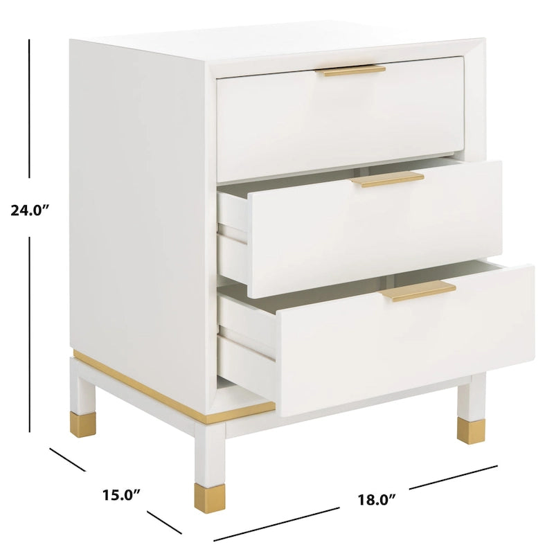 Table de chevet 3 tiroirs, cadre en bois blanc avec pieds à embouts dorés