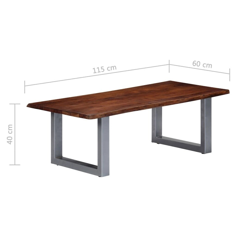 Table basse carrée en bois d'acacia massif avec bords naturels et pieds en métal en forme de U