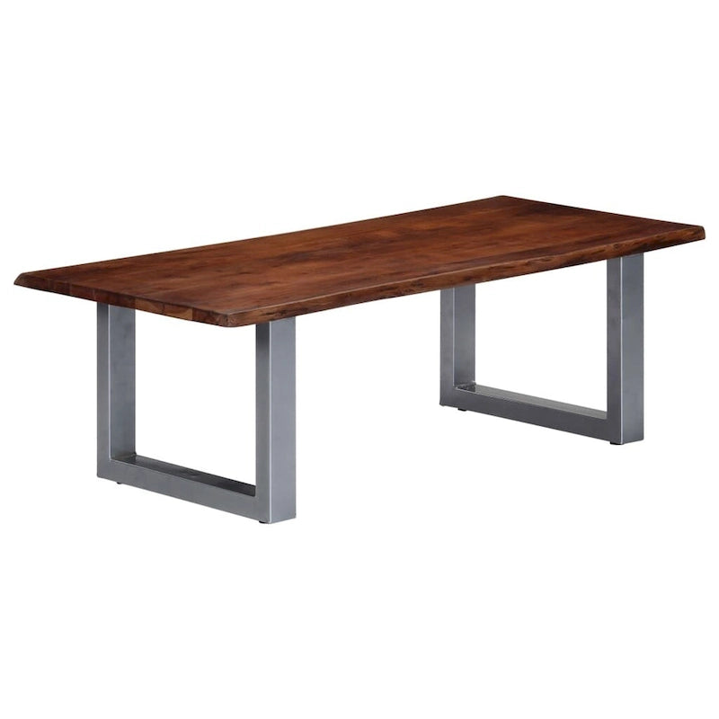 Table basse carrée en bois d'acacia massif avec bords naturels et pieds en métal en forme de U