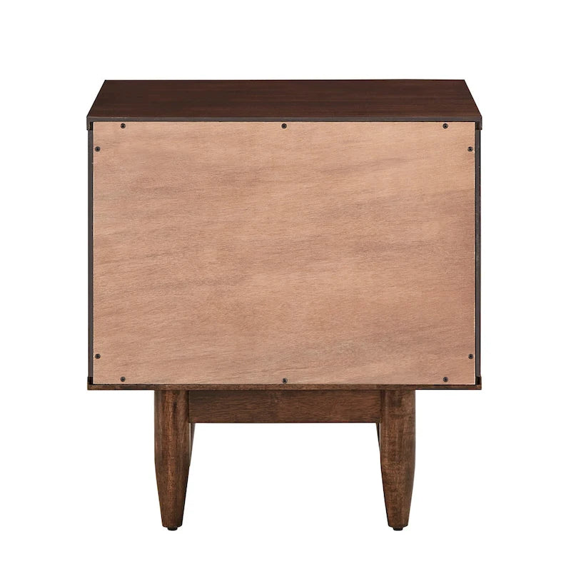 Table de chevet 2 tiroirs style Mid-Century Modern, finition marron, hévéa et acacia