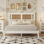 Queen Size Wood Platform Bed with Natural Rattan Headboard