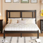 Lit plateforme Queen Size en bois avec tête de lit en rotin naturel