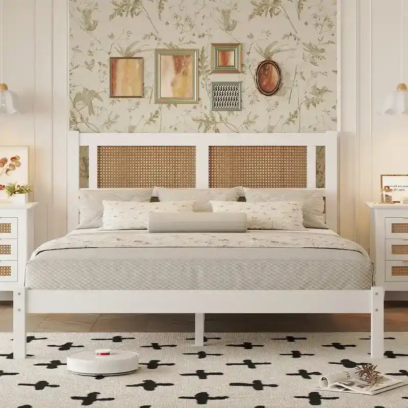 Lit plate-forme queen size en bois avec tête de lit en rotin naturel