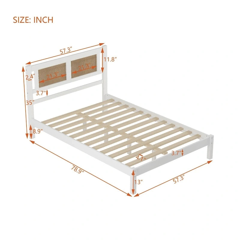 Lit plate-forme queen size en bois avec tête de lit en rotin naturel