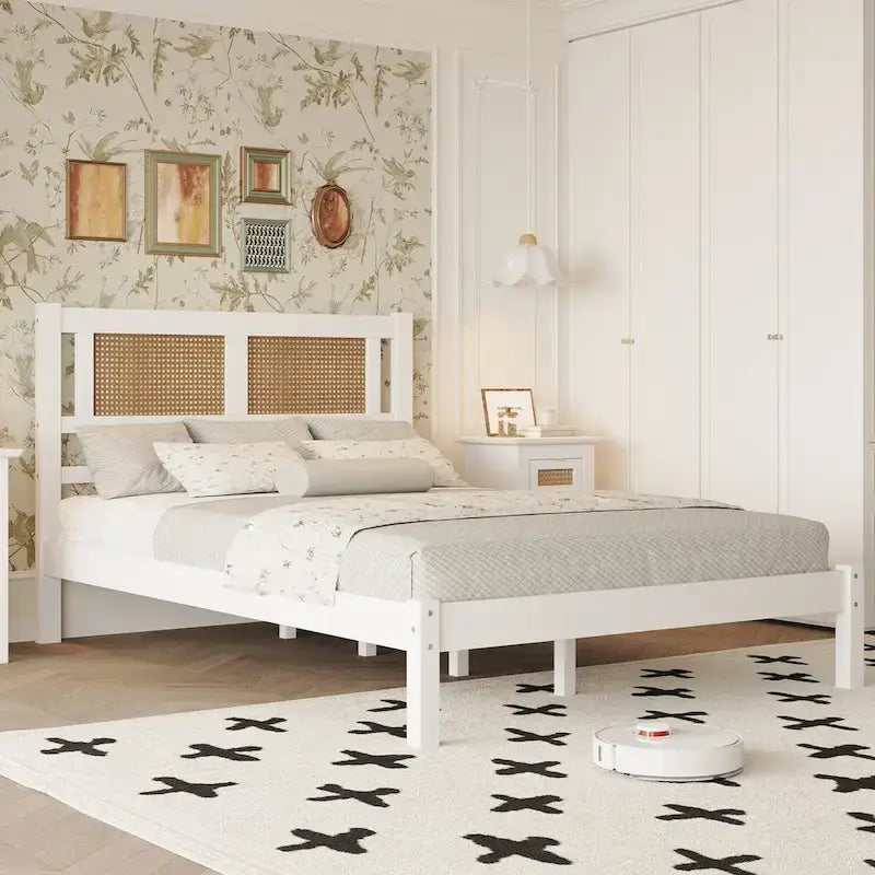 Lit plateforme Queen Size en bois avec tête de lit en rotin naturel