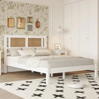 Lit plateforme Queen Size en bois avec tête de lit en rotin naturel