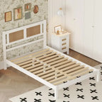 Lit plateforme Queen Size en bois avec tête de lit en rotin naturel