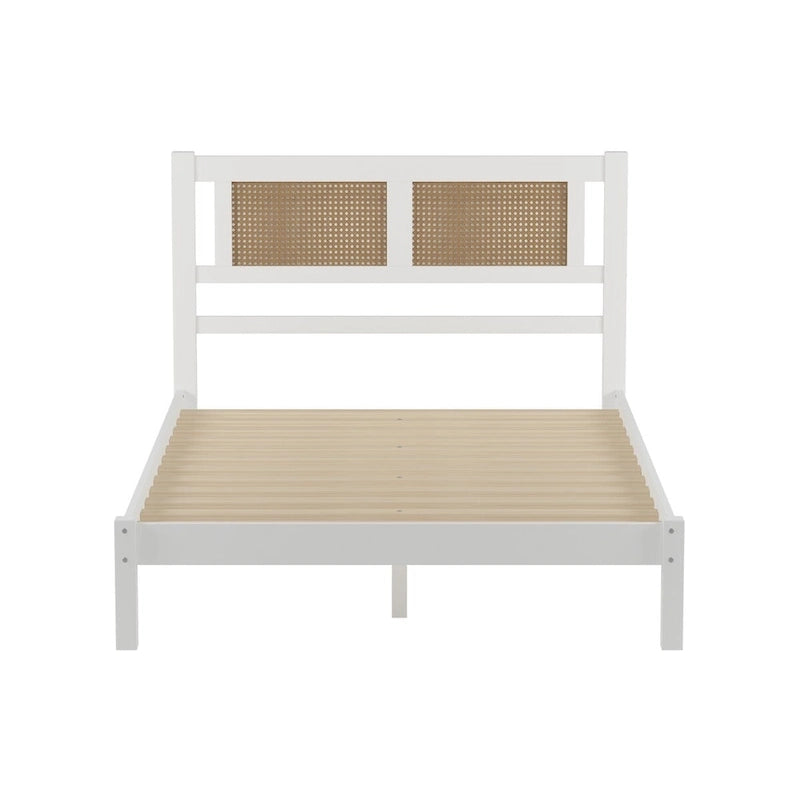 Lit plateforme Queen Size en bois avec tête de lit en rotin naturel
