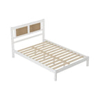 Lit plateforme Queen Size en bois avec tête de lit en rotin naturel