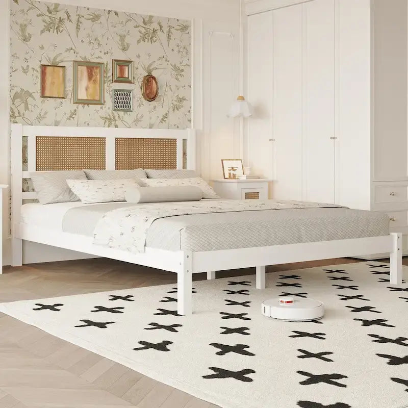 Lit plateforme Queen Size en bois avec tête de lit en rotin naturel
