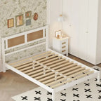 Lit plateforme Queen Size en bois avec tête de lit en rotin naturel