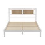 Lit plateforme Queen Size en bois avec tête de lit en rotin naturel