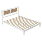 Lit plateforme Queen Size en bois avec tête de lit en rotin naturel