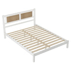 Lit plateforme Queen Size en bois avec tête de lit en rotin naturel