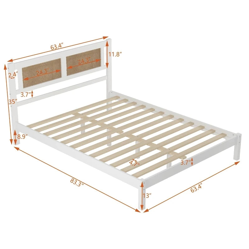 Lit plateforme Queen Size en bois avec tête de lit en rotin naturel