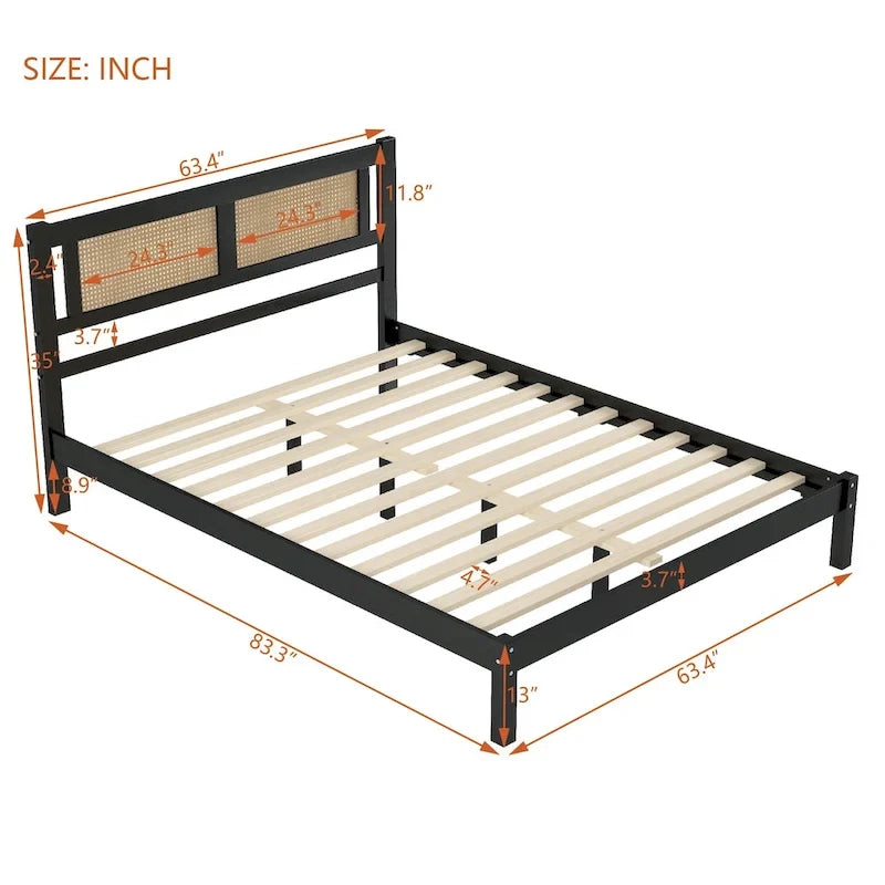 Lit plateforme Queen Size en bois avec tête de lit en rotin naturel