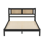 Lit plateforme Queen Size en bois avec tête de lit en rotin naturel