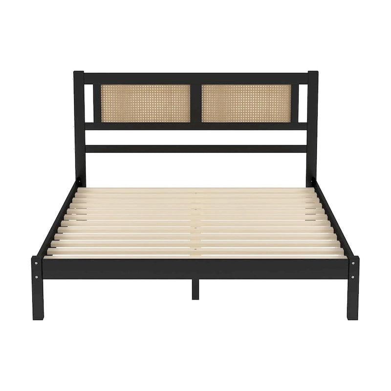 Lit plateforme Queen Size en bois avec tête de lit en rotin naturel