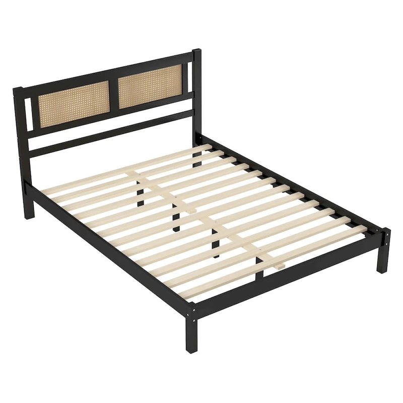 Lit plateforme Queen Size en bois avec tête de lit en rotin naturel