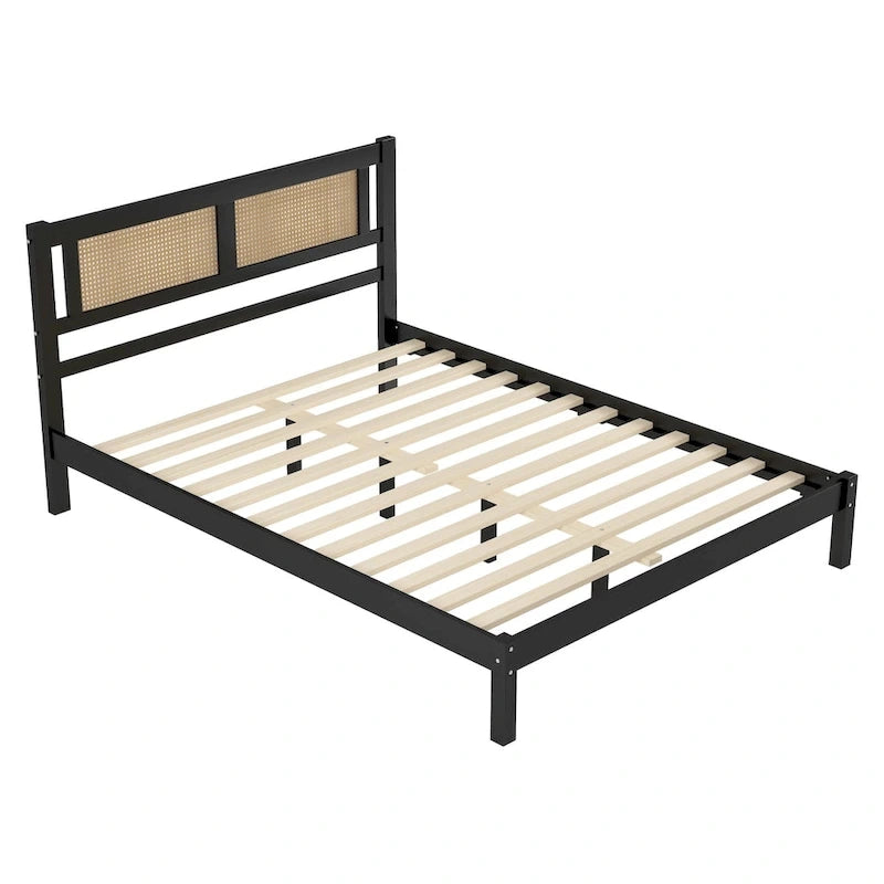 Lit plateforme Queen Size en bois avec tête de lit en rotin naturel