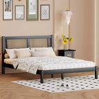 Lit plateforme Queen Size en bois avec tête de lit en rotin naturel