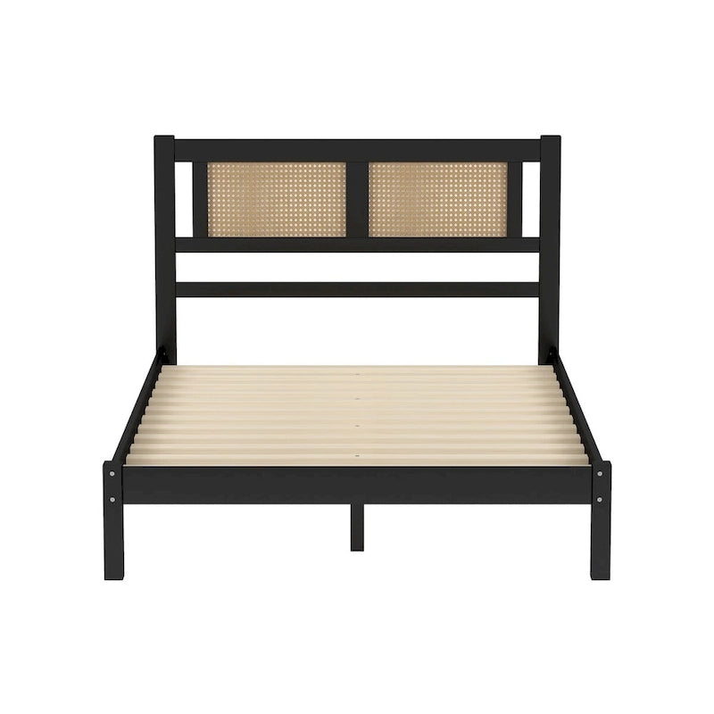 Lit plateforme Queen Size en bois avec tête de lit en rotin naturel