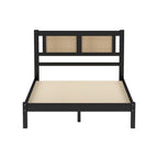 Lit plateforme Queen Size en bois avec tête de lit en rotin naturel