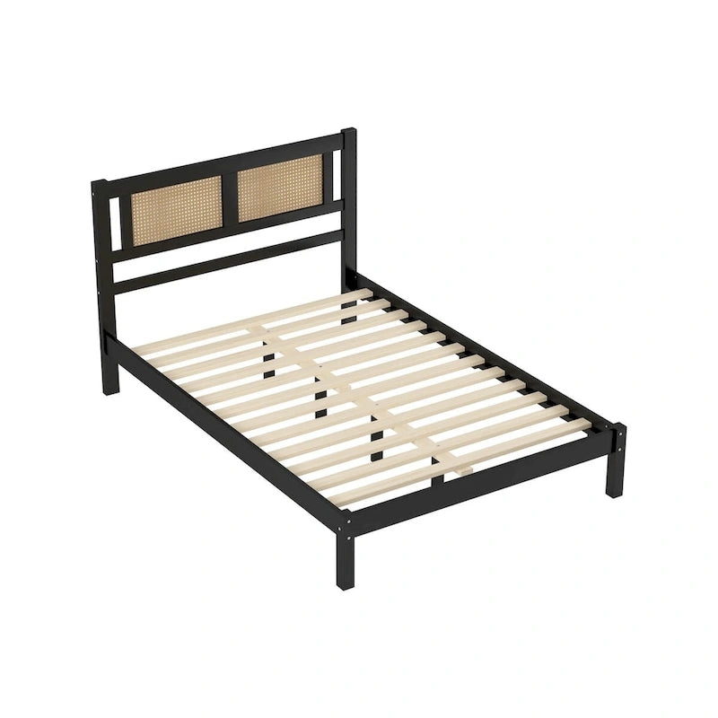 Lit plateforme Queen Size en bois avec tête de lit en rotin naturel