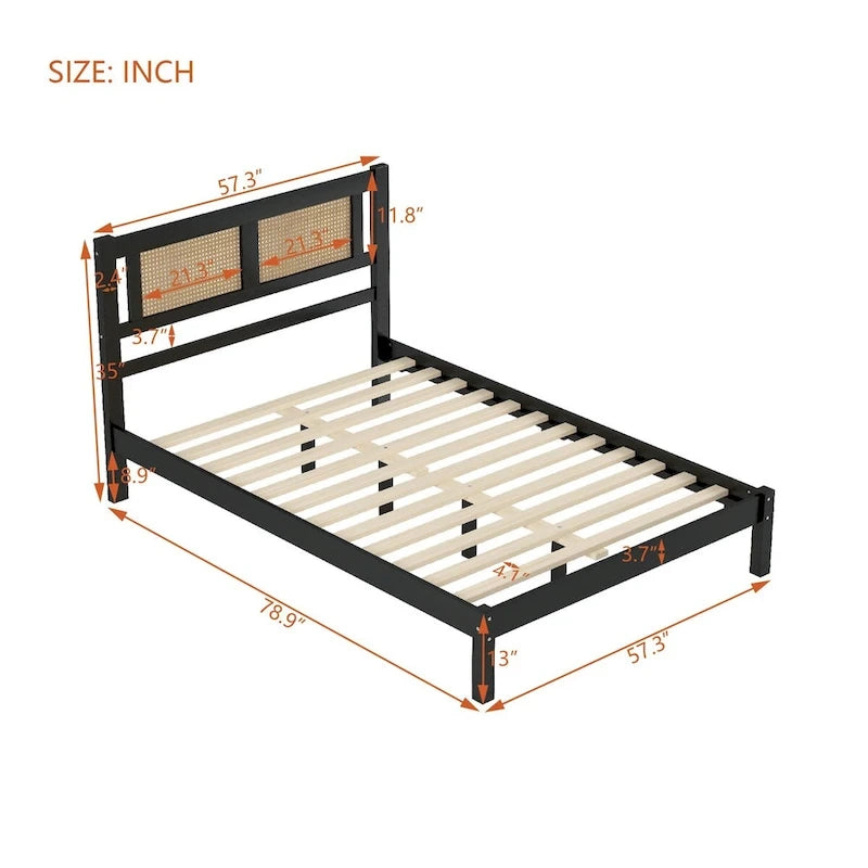 Lit plateforme Queen Size en bois avec tête de lit en rotin naturel
