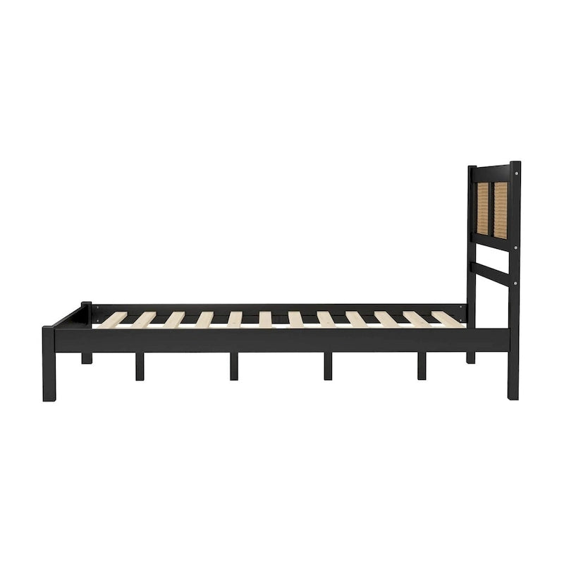 Lit plateforme Queen Size en bois avec tête de lit en rotin naturel