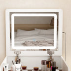Coiffeuse avec miroir LED, rangement, tabouret et éclairage réglable, plateau en verre