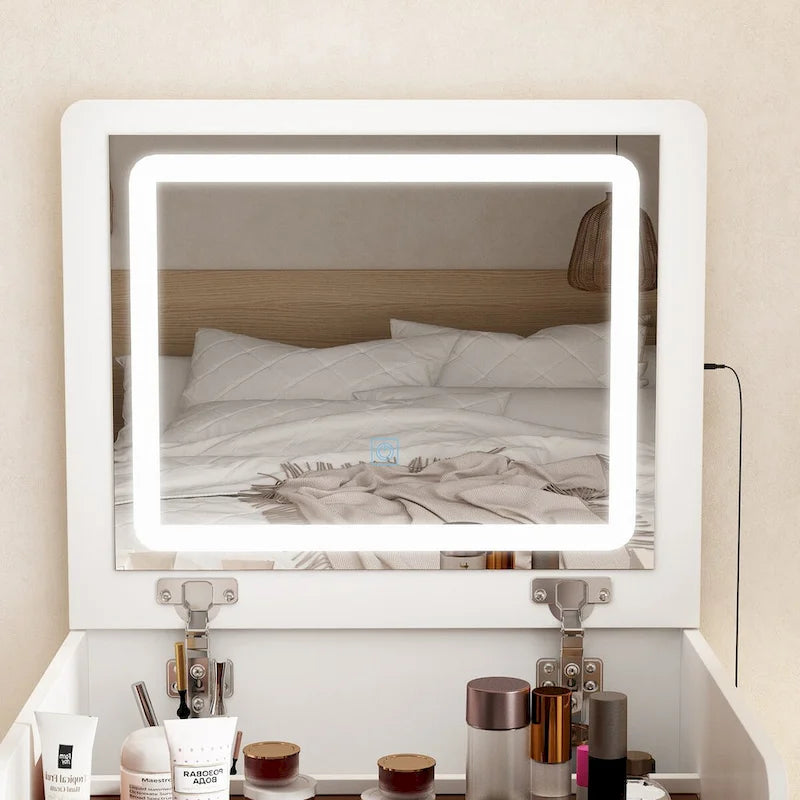 Coiffeuse avec miroir LED, rangement, tabouret et éclairage réglable, plateau en verre