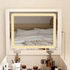 Coiffeuse avec miroir LED, rangement, tabouret et éclairage réglable, plateau en verre