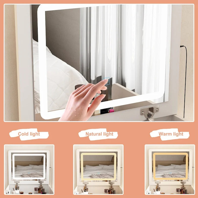 Coiffeuse avec miroir LED, rangement, tabouret et éclairage réglable, plateau en verre