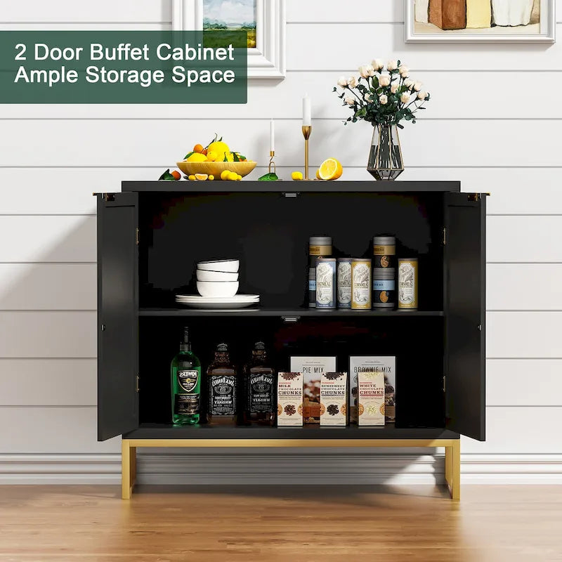 Buffet bas de style Mid-Century Modern avec 2 portes en rotin et piètement métallique, couleur noire