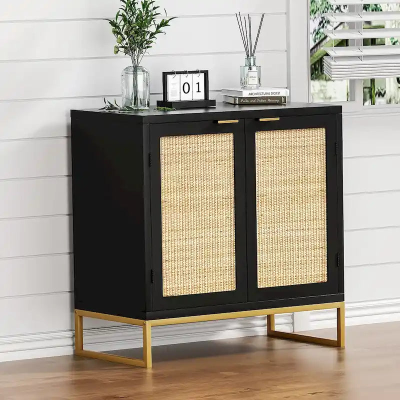 Buffet bas de style Mid-Century Modern avec 2 portes en rotin et piètement métallique, couleur noire