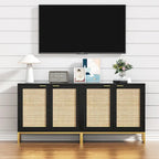 Buffet bas de style Mid-Century Modern avec 2 portes en rotin et piètement métallique, couleur noire