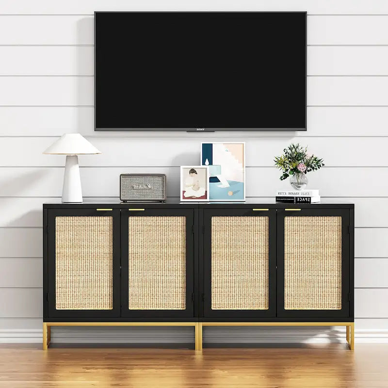Buffet bas de style Mid-Century Modern avec 2 portes en rotin et piètement métallique, couleur noire