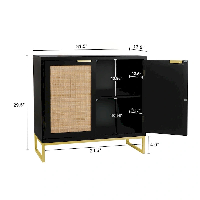 Buffet bas de style Mid-Century Modern avec 2 portes en rotin et piètement métallique, couleur noire