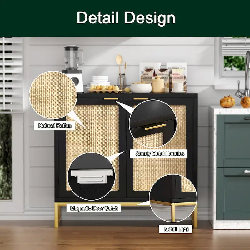 Buffet bas de style Mid-Century Modern avec 2 portes en rotin et piètement métallique, couleur noire