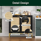 Buffet bas de style Mid-Century Modern avec 2 portes en rotin et piètement métallique, couleur noire