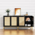 Buffet bas de style Mid-Century Modern avec 2 portes en rotin et piètement métallique, couleur noire