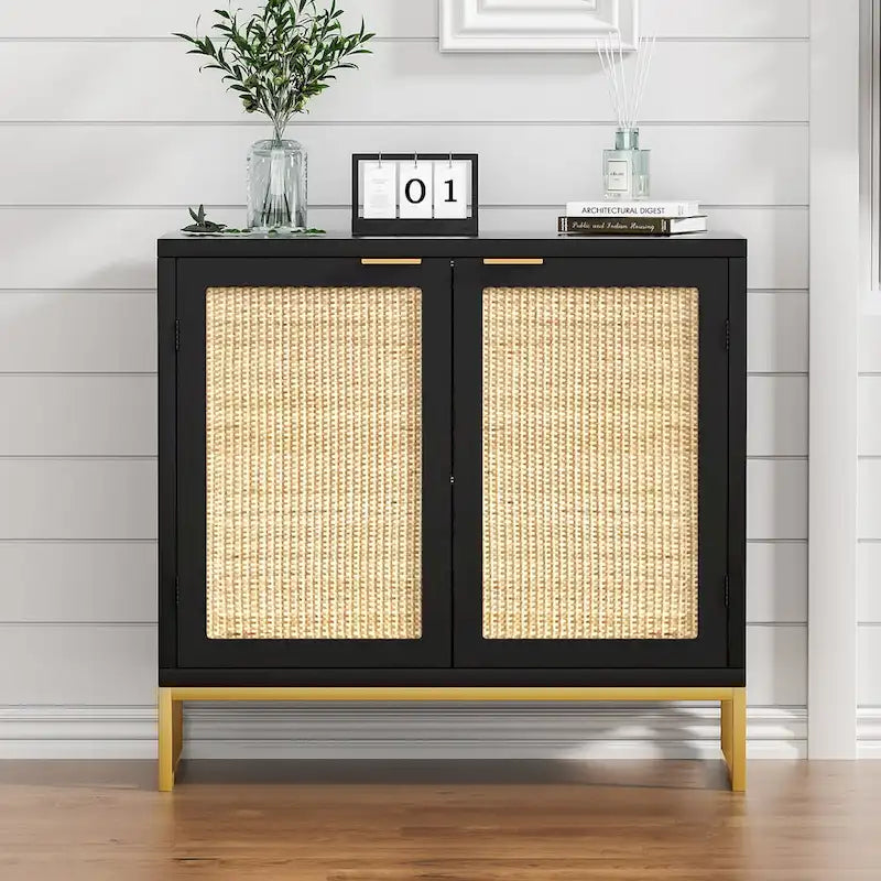 Buffet bas de style Mid-Century Modern avec 2 portes en rotin et piètement métallique, couleur noire
