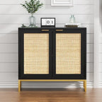 Buffet bas de style Mid-Century Modern avec 2 portes en rotin et piètement métallique, couleur noire