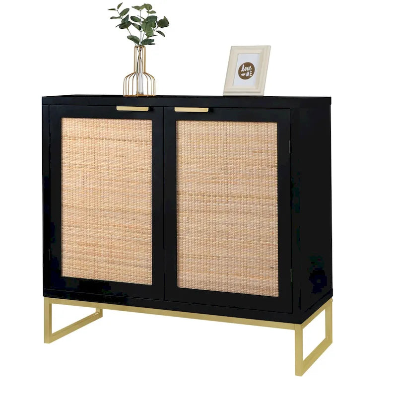 Buffet bas de style Mid-Century Modern avec 2 portes en rotin et piètement métallique, couleur noire