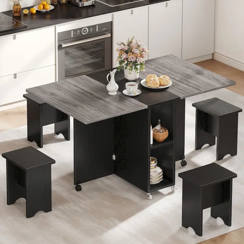 Ensemble de salle à manger pliant moderne avec table à rabat, tabourets de rangement et 6 roulettes