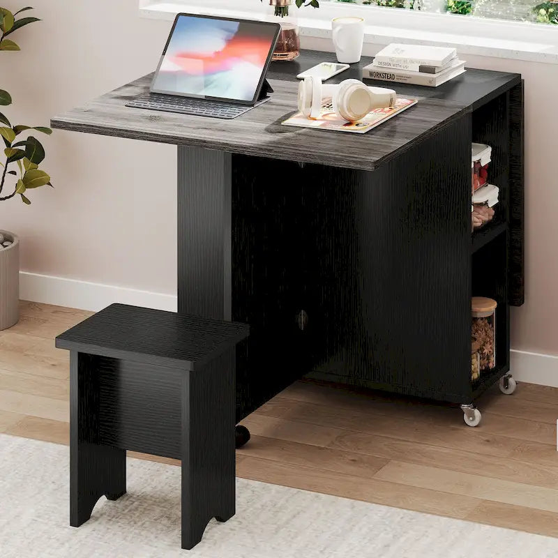 Ensemble de salle à manger pliant moderne avec table à rabat, tabourets de rangement et 6 roulettes