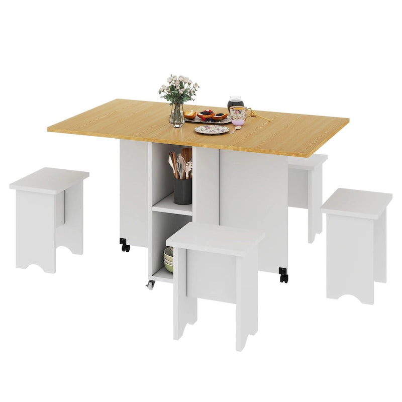 Ensemble de salle à manger pliant moderne avec table à rabat, tabourets de rangement et 6 roulettes