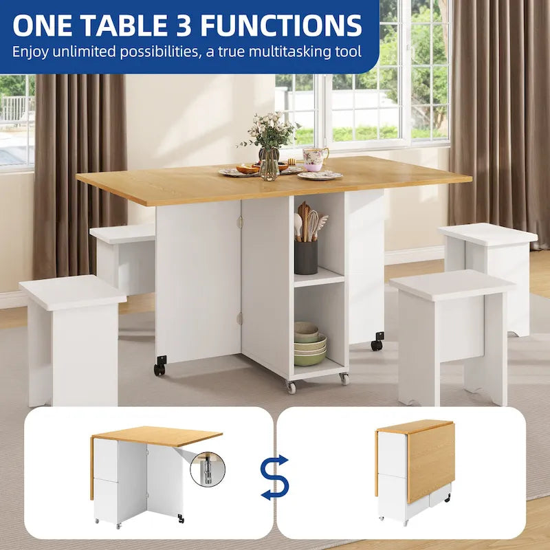 Ensemble de salle à manger pliant moderne avec table à rabat, tabourets de rangement et 6 roulettes